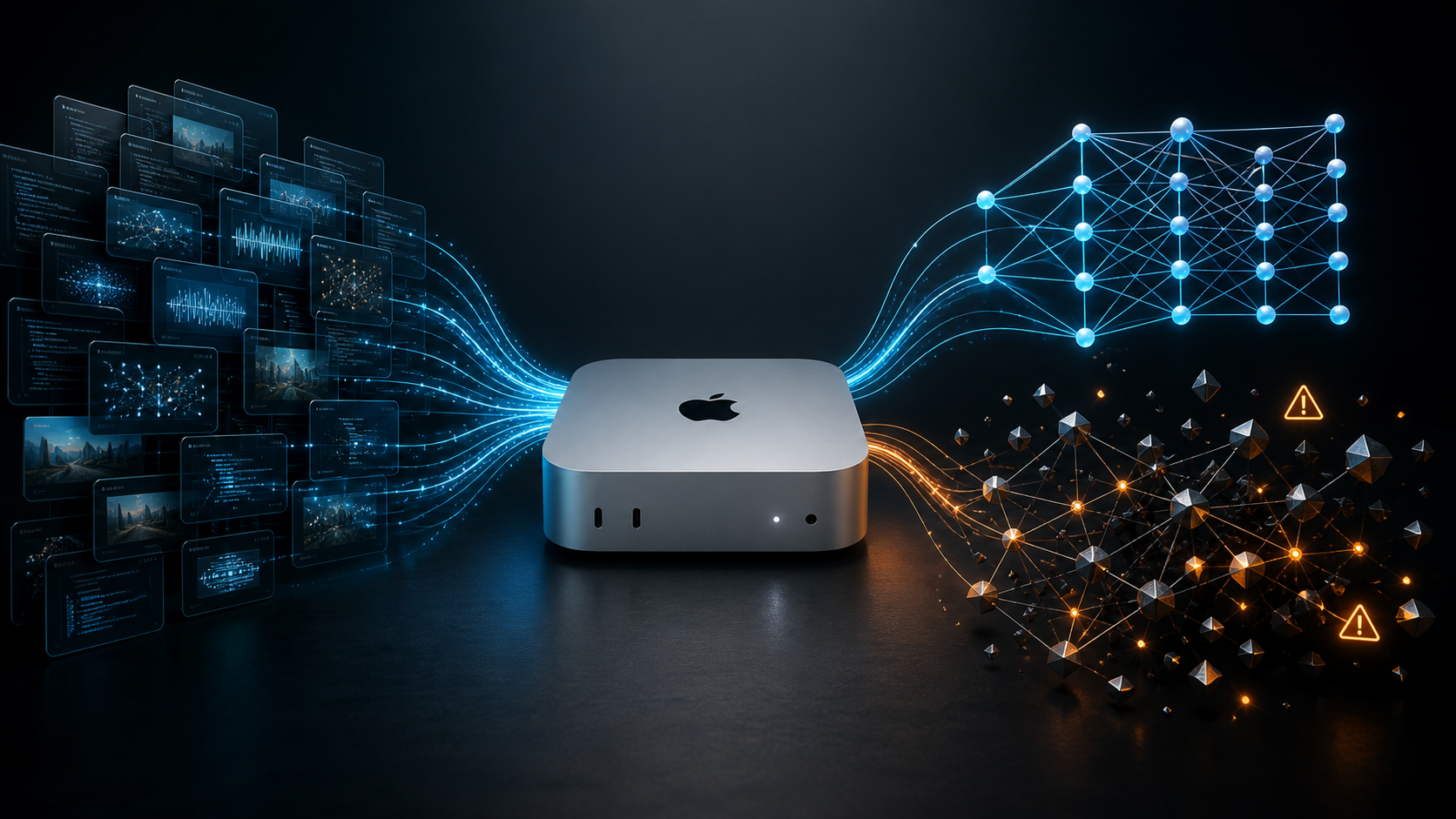 Abstraktes Artikelbild zu lokalem LLM-Fine-Tuning auf einem Mac mini mit Datenfluss und Modell-Evaluation